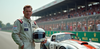 Sport automobile : quel avenir pour cette passion ? Homme en combinaison de course vintage devant une voiture de course