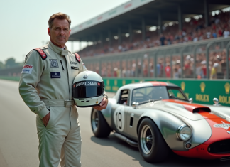 Sport automobile : quel avenir pour cette passion ? Homme en combinaison de course vintage devant une voiture de course