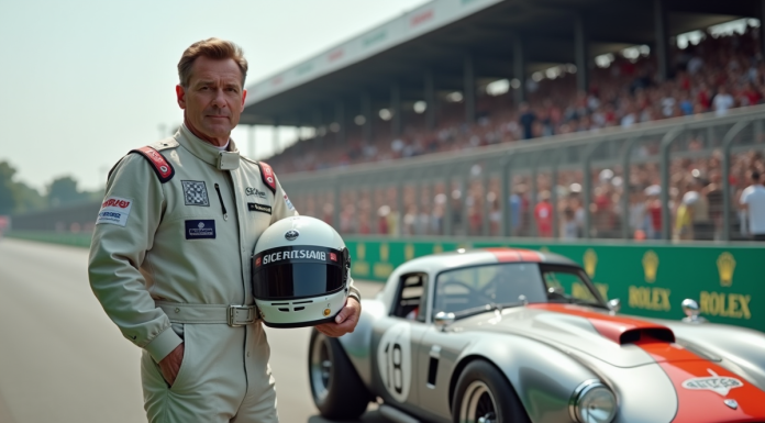 Sport automobile : quel avenir pour cette passion ? Homme en combinaison de course vintage devant une voiture de course