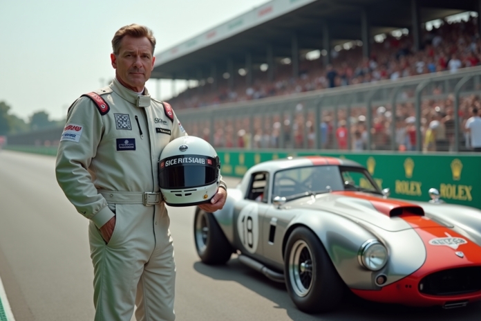 pilote-vintage-course Homme en combinaison de course vintage devant une voiture de course