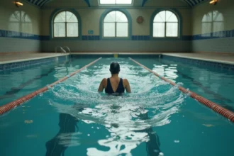Nageuse seule dans la piscine de la Butte aux Cailles à Paris, architecture art déco avec carrelage bleu et blanc