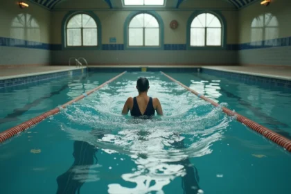 Nageuse seule dans la piscine de la Butte aux Cailles à Paris, architecture art déco avec carrelage bleu et blanc