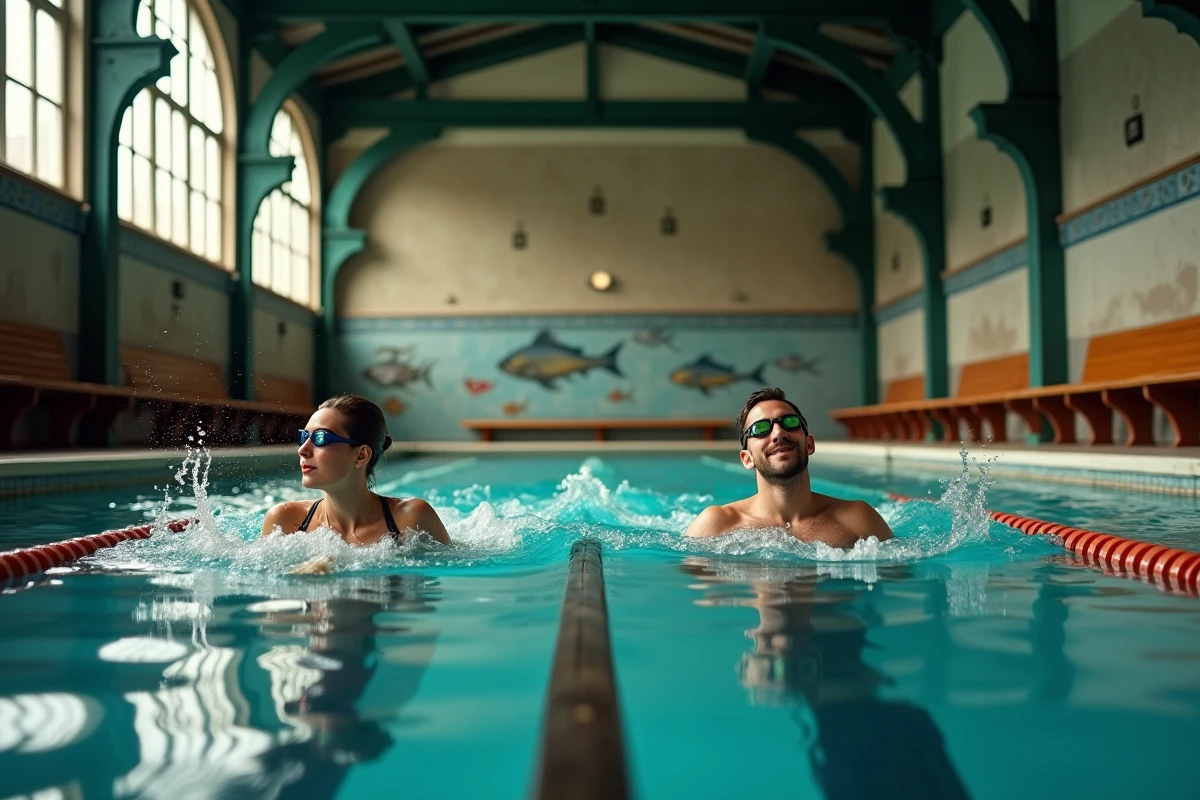 Vue en plongée de deux nageurs dans les couloirs d'une piscine parisienne historique tôt le matin, architecture des années 1920