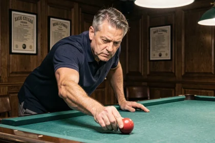 Joueur de billard plaçant une bille rouge selon les règles officielles de placement au billard 2026