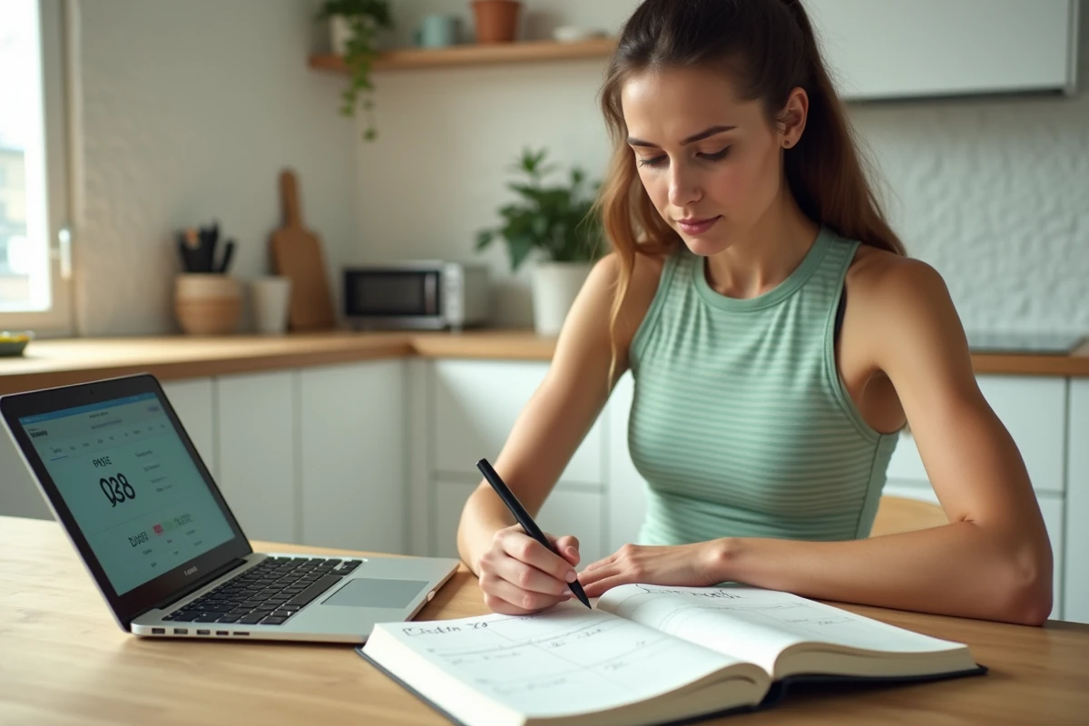 Femme planifiant son entraînement semi-marathon avec un tableau d'allures dans un carnet à la maison