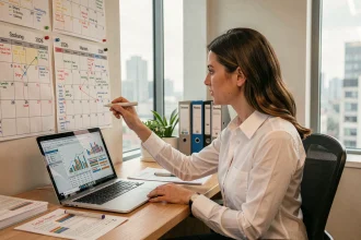 Femme professionnelle planifiant son calendrier 2026 avec des tableaux de répartition de points P100 sur un bureau organisé