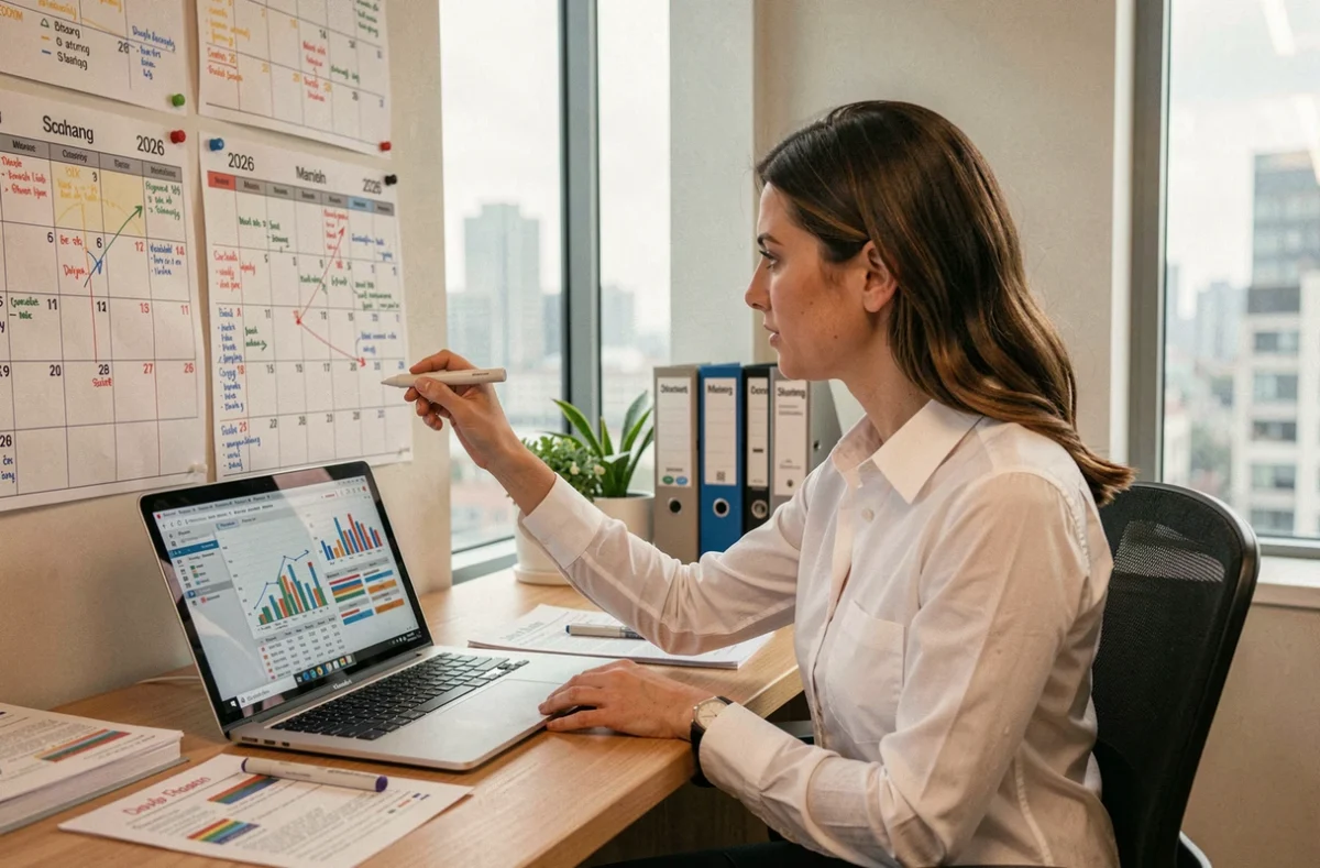Femme professionnelle planifiant son calendrier 2026 avec des tableaux de répartition de points P100 sur un bureau organisé