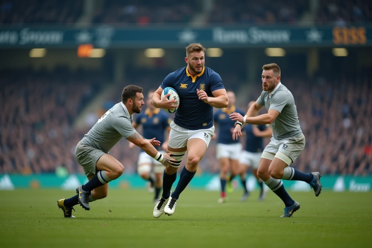 Joueur de rugby fédérale en pleine course avec ballon sous le bras lors d'un match de championnat