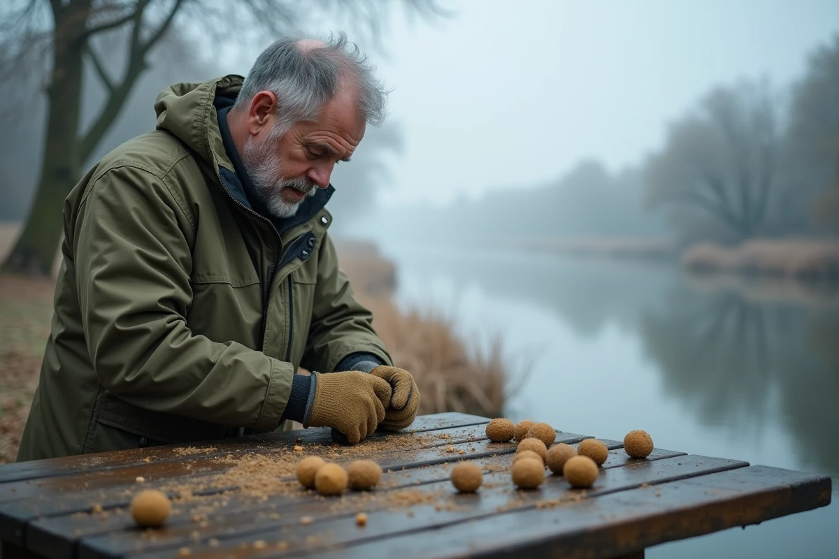 Pêcheur préparant des bouillettes carpe artisanales sur une table de bord de rivière en hiver, avec brume matinale et berges givrées en arrière-plan