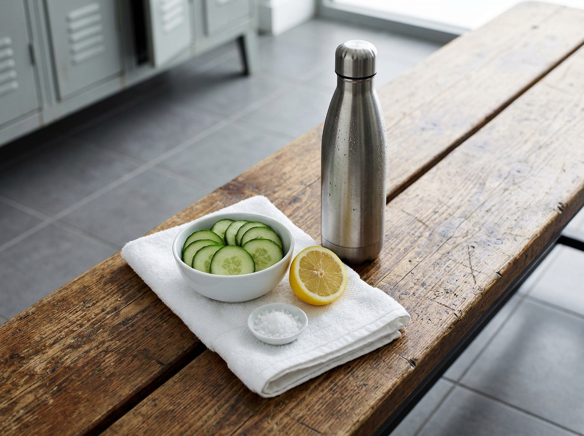 Préparation d'une hydratation naturelle sans sucre avec eau, concombre, citron et sel avant l'effort