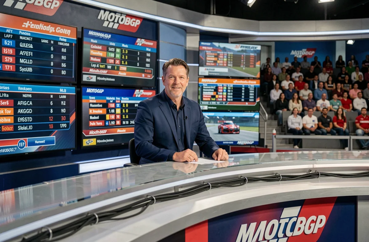 Présentateur sportif en studio de télévision commentant les horaires du MotoGP en direct