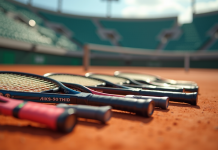 Raquettes de tennis modernes sur court en terre battue ensoleillée