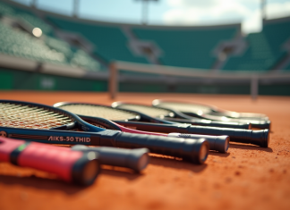 Raquettes de tennis modernes sur court en terre battue ensoleillée