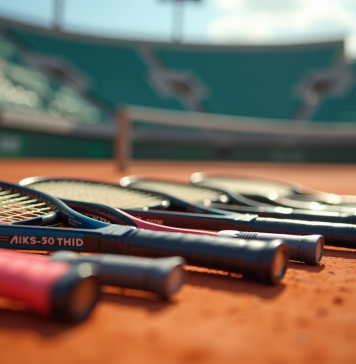 Raquettes de tennis modernes sur court en terre battue ensoleillée