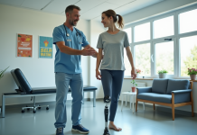 Kinésithérapeute aidant un jeune avec une prothese lors d'une rééducation