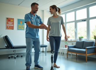 Kinésithérapeute aidant un jeune avec une prothese lors d'une rééducation