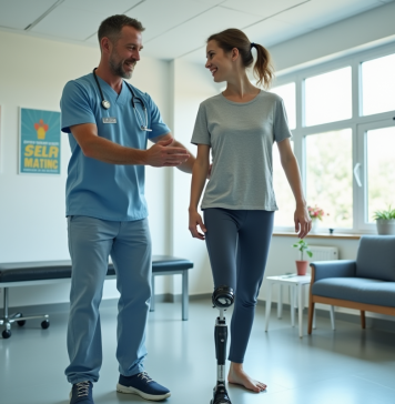 Kinésithérapeute aidant un jeune avec une prothese lors d'une rééducation