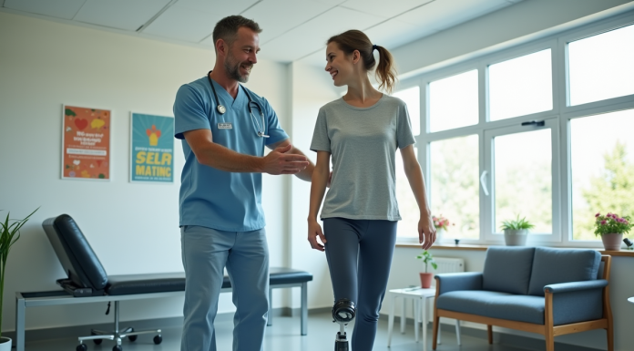 Kinésithérapeute aidant un jeune avec une prothese lors d'une rééducation