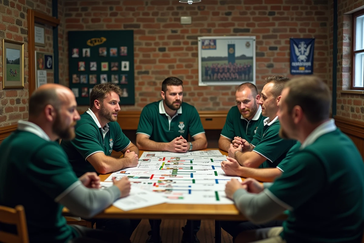 Membres d'un club de rugby en réunion autour des groupes et tableaux de la Fédérale 3 saison 2026