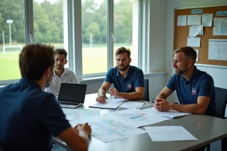 Réunion du comité de football Drôme-Ardèche avec des dirigeants examinant des documents officiels de la fédération française de football