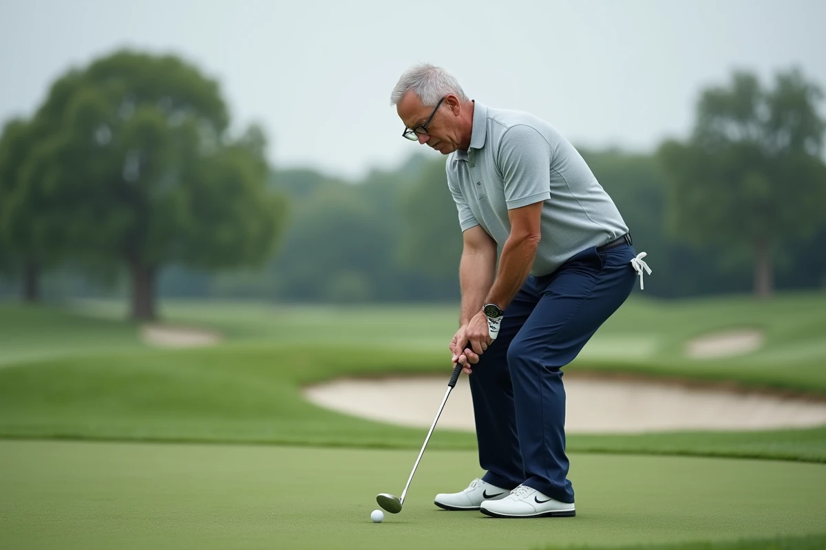 Golfeur adulte s'apprêtant à jouer un wedge sur un green d'entraînement, routine de short game