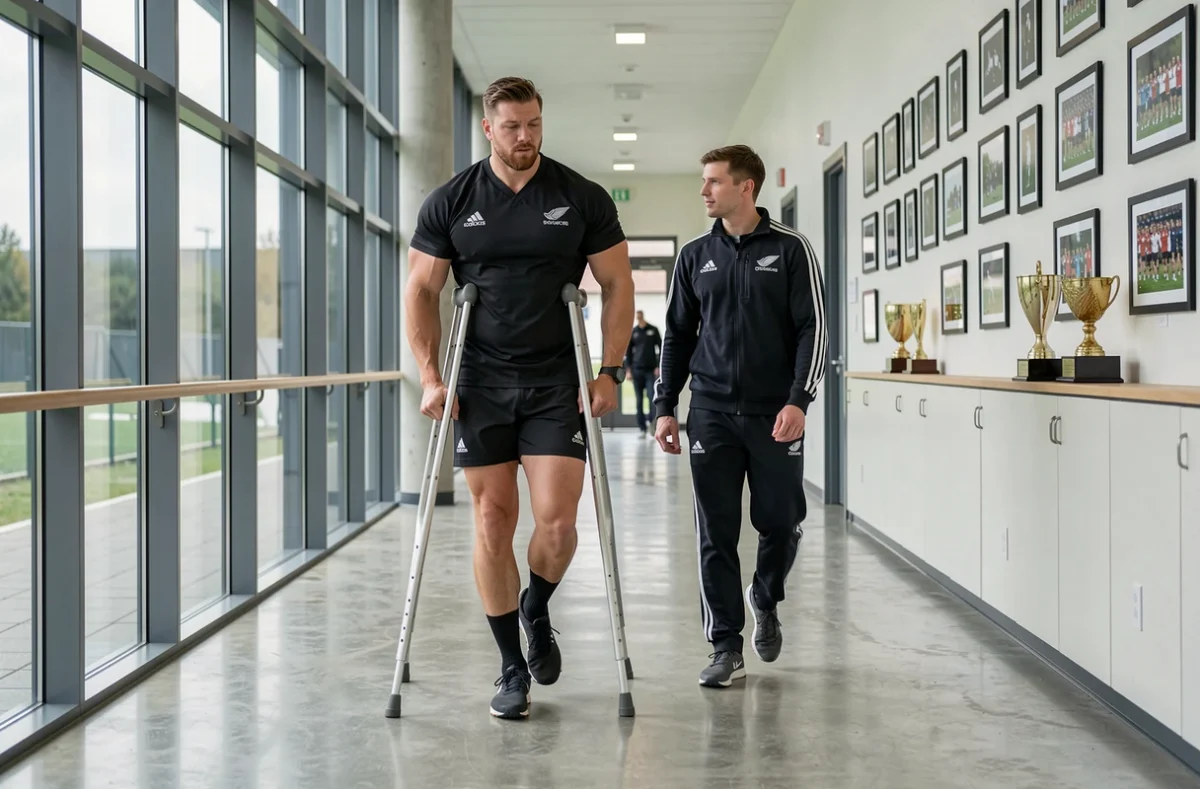 Rugbyman des All Blacks se déplaçant avec des béquilles dans le couloir d'un centre d'entraînement professionnel néo-zélandais