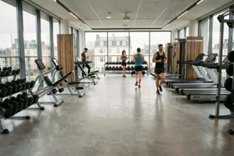 Vue panoramique d'une salle de musculation moderne dans les Pays de la Loire avec équipements de fitness et sportifs en action