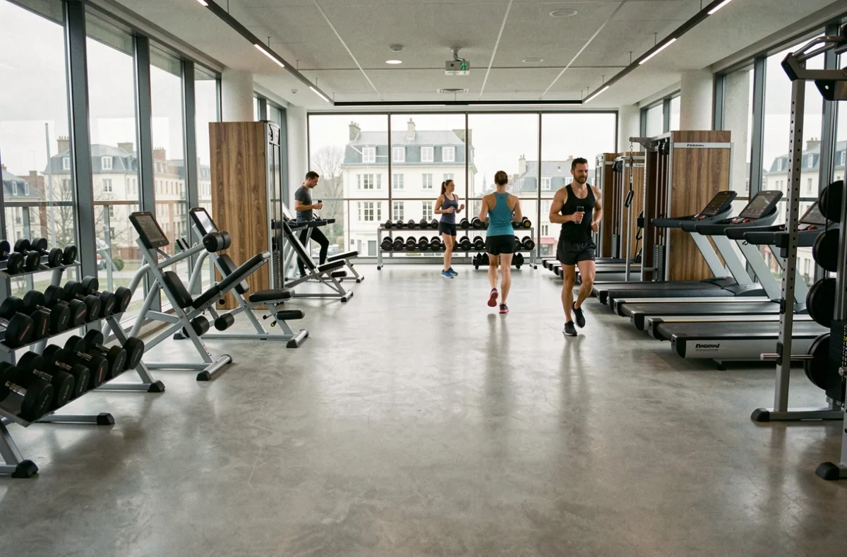 Vue panoramique d'une salle de musculation moderne dans les Pays de la Loire avec équipements de fitness et sportifs en action