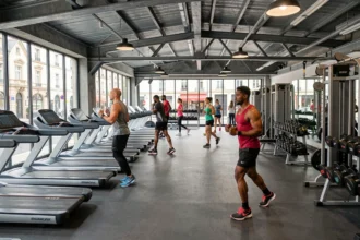 Vue panoramique d'une salle de sport moderne en Moselle avec équipements de fitness et adhérents en plein entraînement