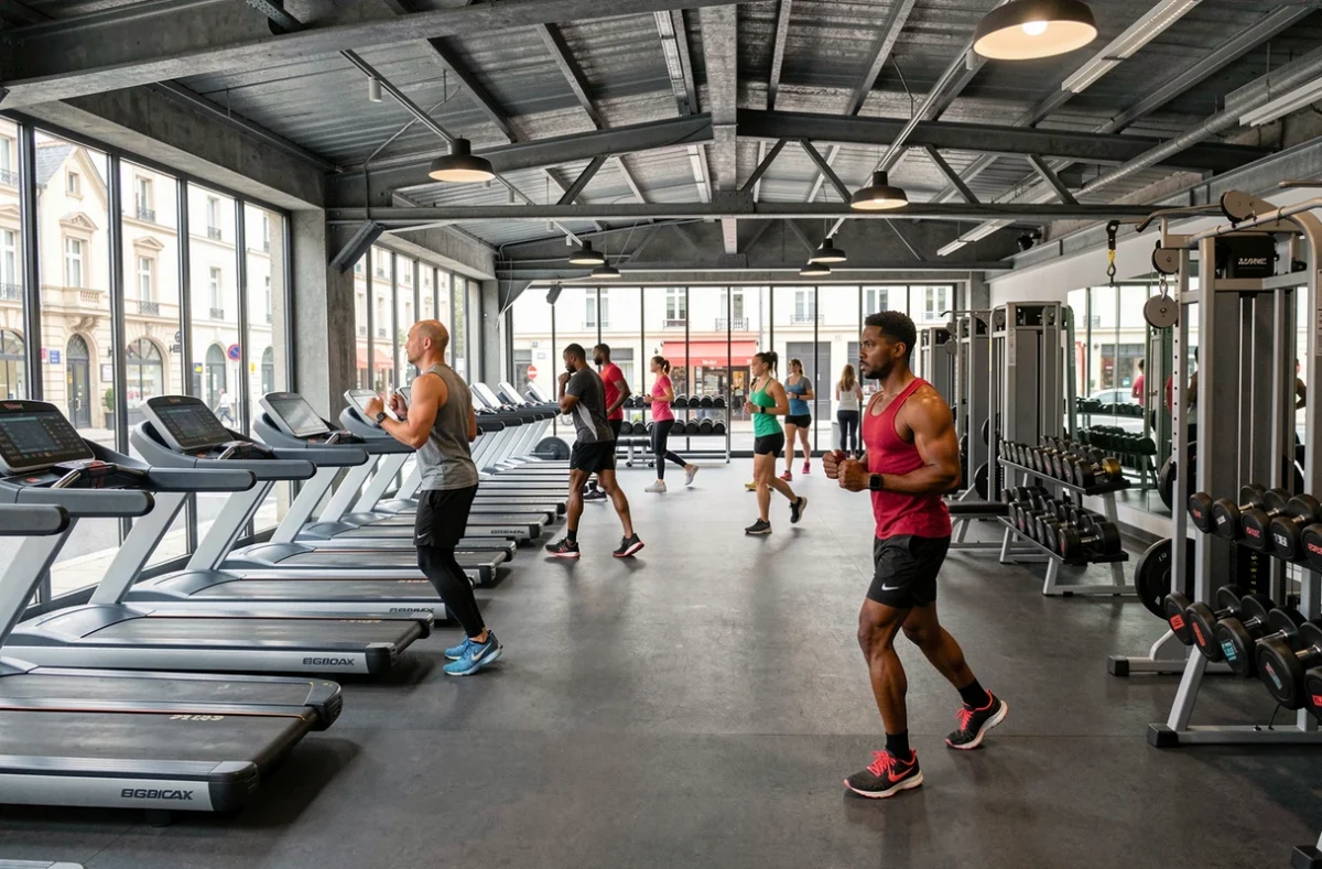 Vue panoramique d'une salle de sport moderne en Moselle avec équipements de fitness et adhérents en plein entraînement
