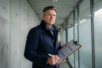 Scout de football de l'Inter Milan analysant des fiches de transfert dans le couloir d'un stade moderne