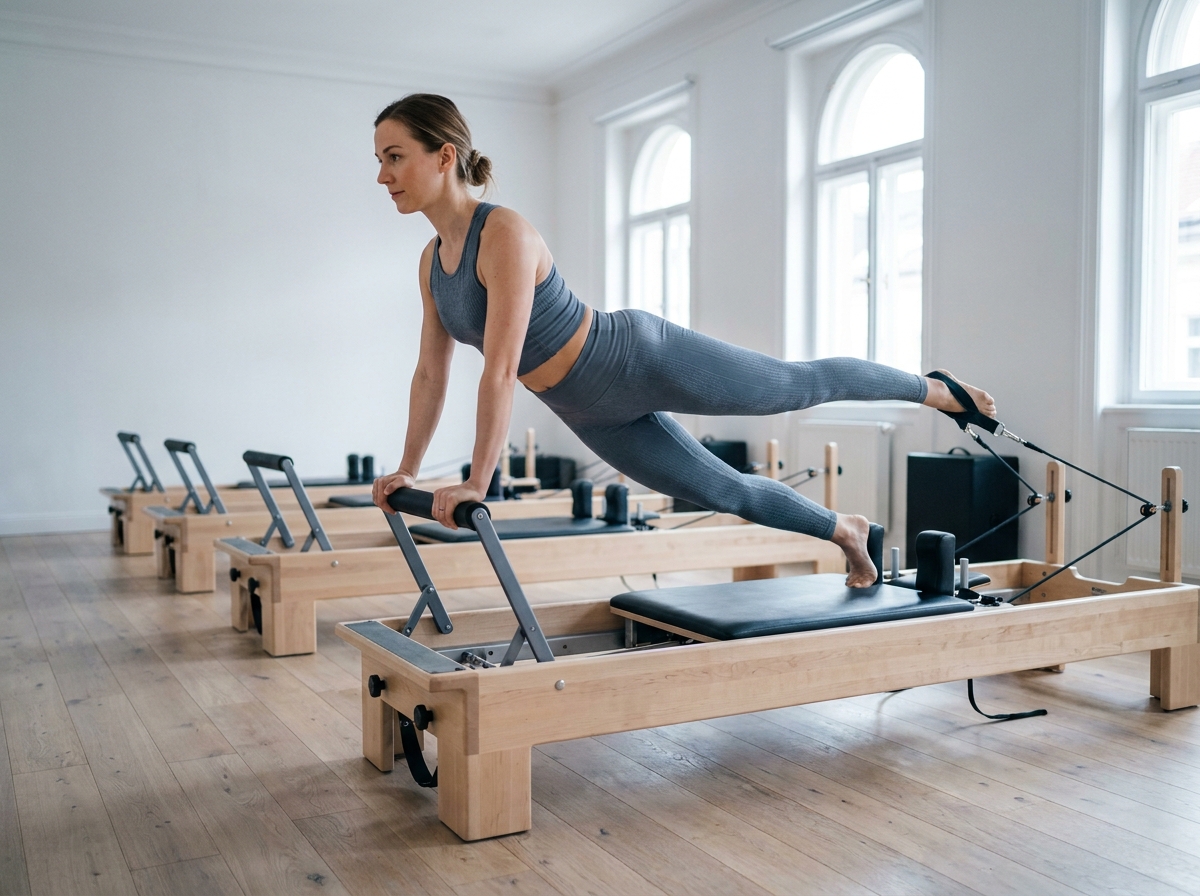 Femme pratiquant le Pilates sur un reformer dans un studio épuré et moderne à Paris Monceau