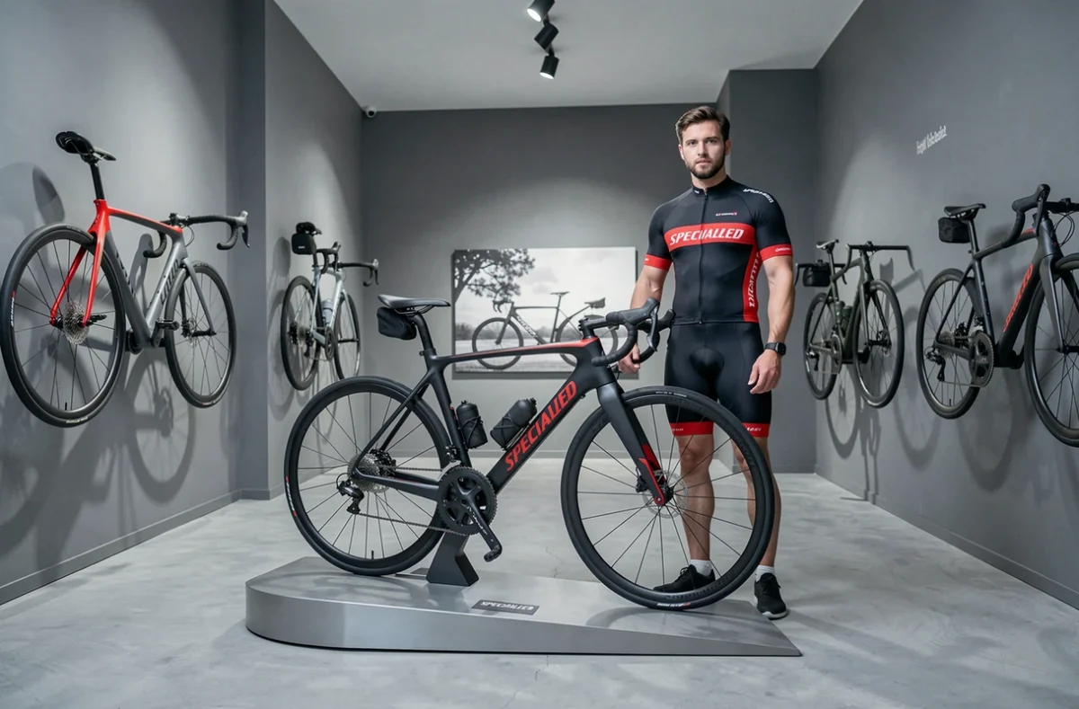 Intérieur épuré du Specialized Elite Shop dans le 8e arrondissement de Lyon avec un vélo de route carbone exposé