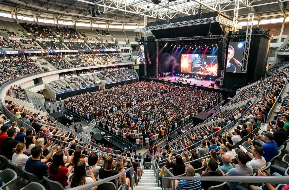 Vue panoramique intérieure du Stade de France lors d'un concert avec les tribunes et la pelouse combles