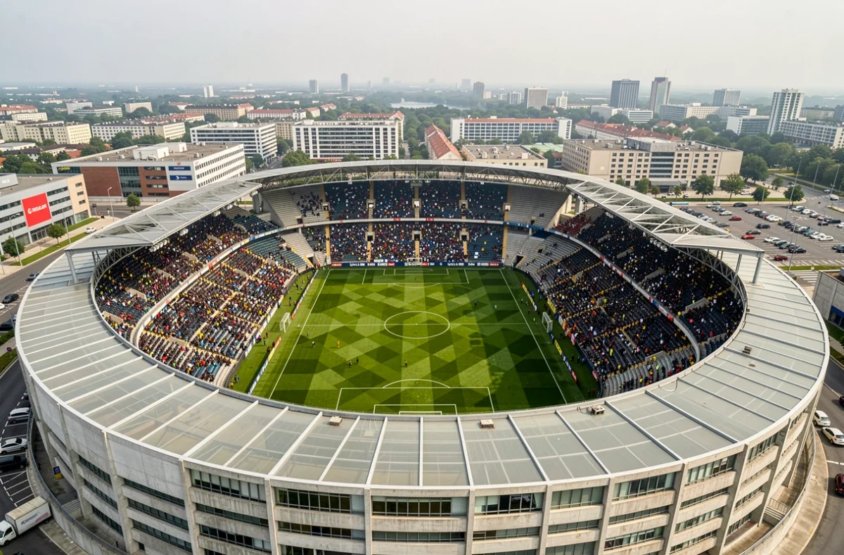 Vue aérienne d'un grand stade de Ligue 1 rempli de supporters illustrant la richesse et l'infrastructure des clubs français