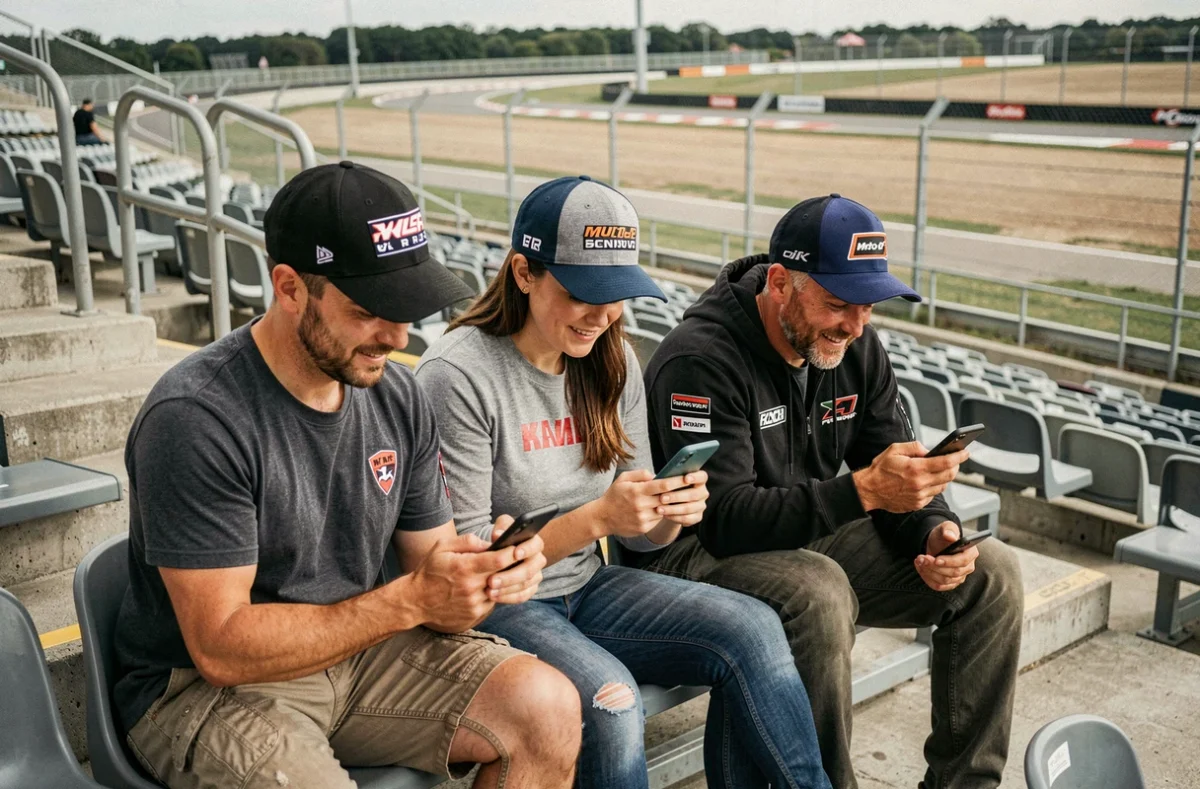 Supporters MotoGP dans les tribunes consultant les horaires de course sur smartphone