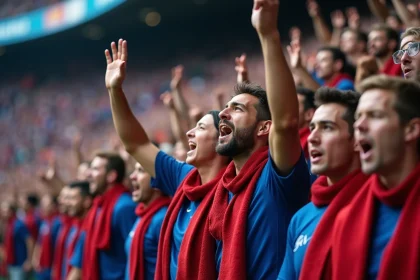 Supporters de l'Olympique Lyonnais dans les tribunes du stade, écharpes et drapeaux aux couleurs du club