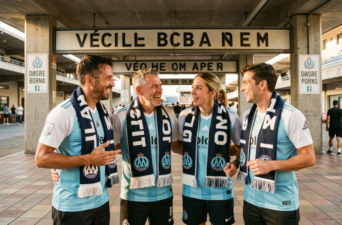 Groupe de supporters marseillais en tenue OM dans les couloirs du Vélodrome avant un match à domicile