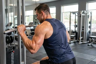 Homme musclé effectuant un tirage poulie dos en prise supination sur machine à câble dans une salle de sport moderne