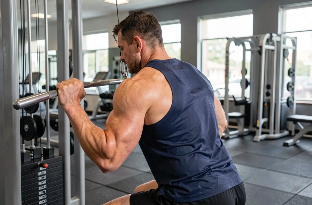 Homme musclé effectuant un tirage poulie dos en prise supination sur machine à câble dans une salle de sport moderne