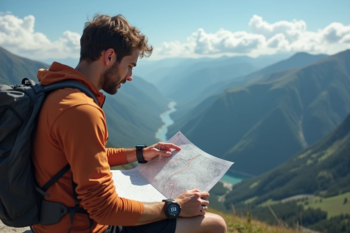 Coureur trail consultant une carte topographique et sa montre GPS pour calculer le temps de parcours en fonction du dénivelé en montagne