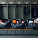 Vestiaire moderne avec sacs de sport ouverts et équipement