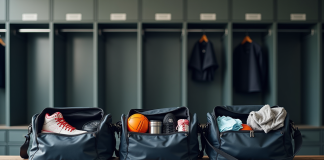 Vestiaire moderne avec sacs de sport ouverts et équipement