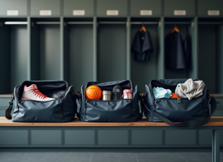 Vestiaire moderne avec sacs de sport ouverts et équipement