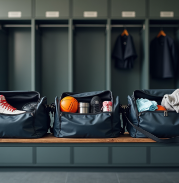 Vestiaire moderne avec sacs de sport ouverts et équipement