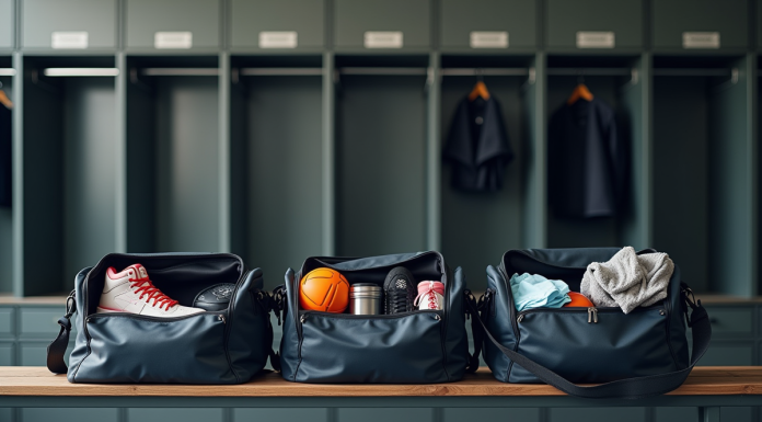 Vestiaire moderne avec sacs de sport ouverts et équipement
