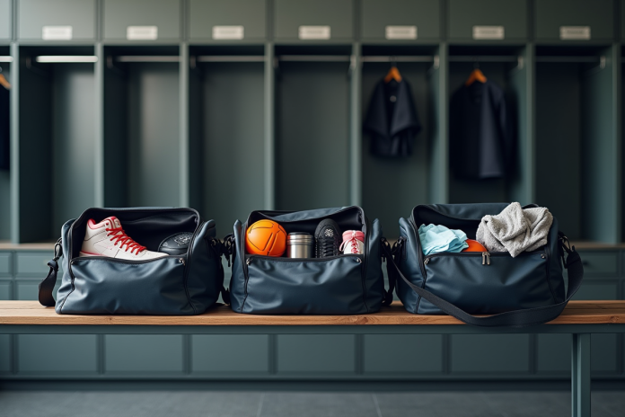 vestiaire-salle-sport-banc Vestiaire moderne avec sacs de sport ouverts et équipement