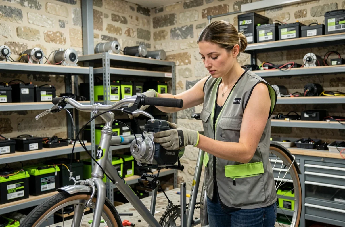 Technicienne de Virvolt installant un kit d'électrification sur un vélo dans l'atelier du 1er arrondissement de Lyon