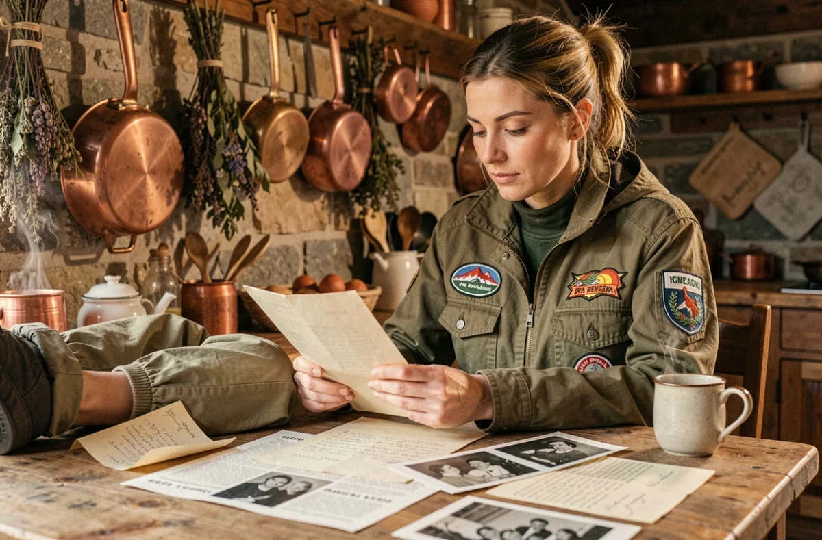 Sportive championne examinant des archives familiales et coupures de presse dans une cuisine alpine rustique et authentique