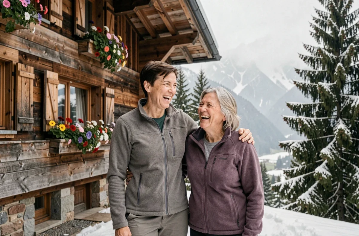 Championne de ski et sa mère devant un chalet alpin traditionnel partageant un moment complice et authentique en montagne
